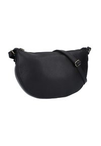 Czarna skórzana torba na ramię o zakrzywionym kształcie, zamykana na zamek, z regulowanym paskiem. Charakteryzująca się gładką fakturą i minimalistycznymi akcentami metalowymi.
