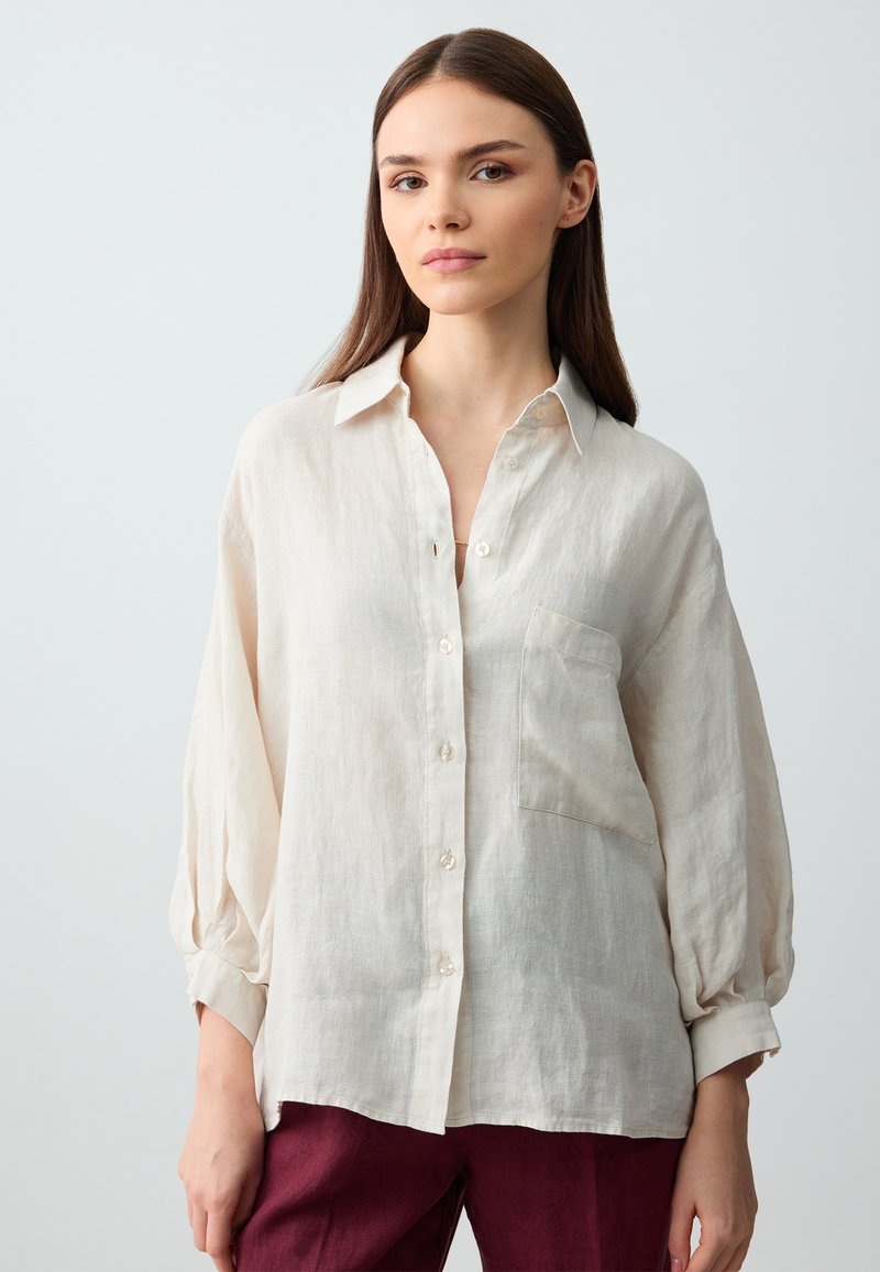 Camicia di lino crema con bottoni anteriori, maniche lunghe e una tasca sul petto. Presenta una vestibilità rilassata e una texture sottile.