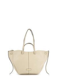 Beige læder tote taske med dobbelte stropper, rektangulær form, glat tekstur og en central søm. Har guldtonede hardware-detaljer.