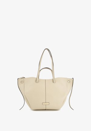 Beige leren handtas met dubbele hengsels, rechthoekige vorm, een gladde textuur en een centrale naad. Voorzien van goudkleurige hardwareaccenten.