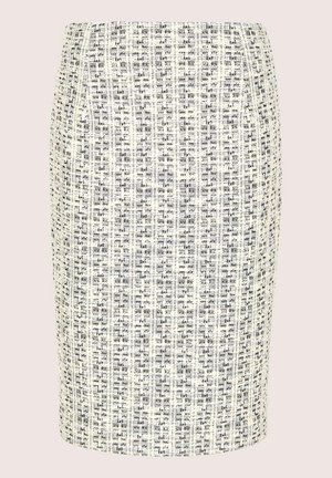 High-waisted pencil skirt with black and white tweed pattern, featuring a textured woven fabric and straight hemline.