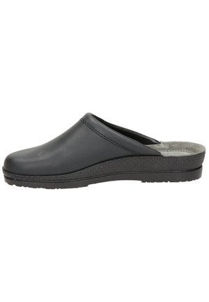 Black leather clog with a rounded toe, low wedge sole, and textured rubber bottom. Soft grey inner lining for comfort.