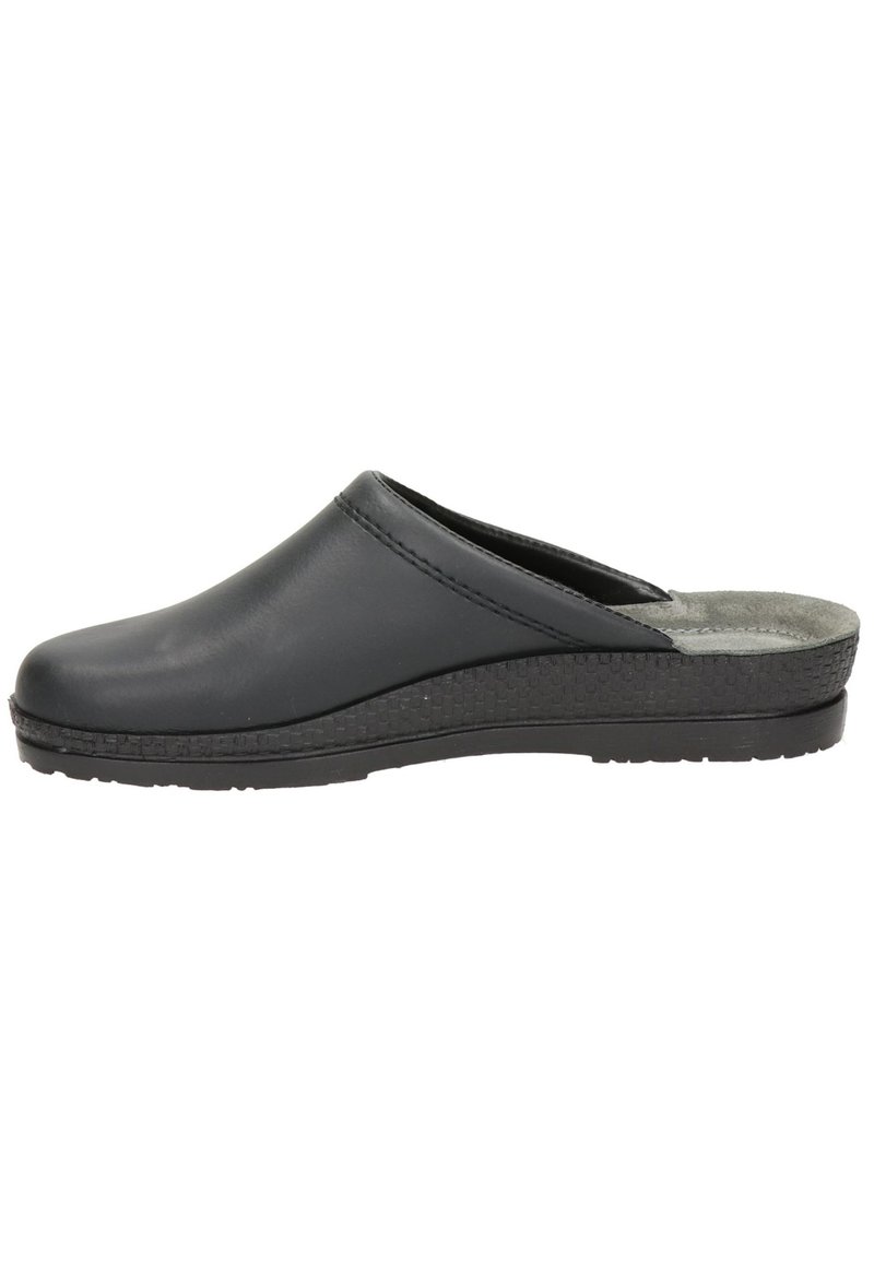 Schwarzer Slip-on-Clog mit glattem Lederobermaterial und strukturiertem Gummisohlen. Verfügt über ein weiches graues Futter und einen leicht erhöhten Absatz.