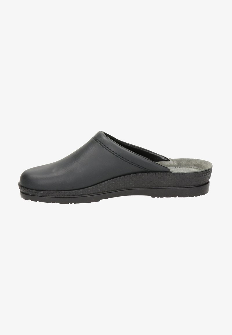 Schwarzer Slip-on-Clog mit glattem Lederobermaterial und strukturiertem Gummisohlen. Verfügt über ein weiches graues Futter und einen leicht erhöhten Absatz.