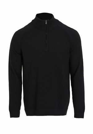 Schwarzer Zip-Kragen-Pullover aus weichem Strickstoff. Verfügt über lange Ärmel, einen gerippten Kragen und eine glatte Textur ohne Muster oder Akzente.