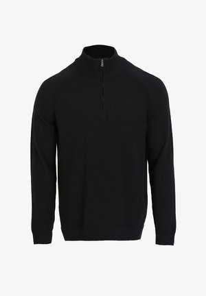 Schwarzer Zip-Kragen-Pullover aus weichem Strickstoff. Verfügt über lange Ärmel, einen gerippten Kragen und eine glatte Textur ohne Muster oder Akzente.