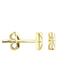 Gemelli da polso color oro con finitura lucida, caratterizzati da un design circolare su un lato e un lato rettangolare con linee diagonali.