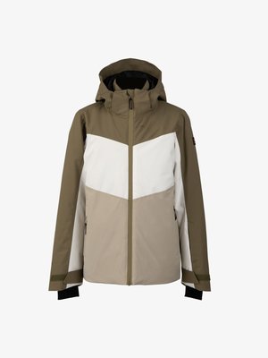 Chaqueta de esquí con capucha en bloques de color marrón, blanco y beige, con cremallera frontal, bolsillos laterales y cintas ajustables en las muñecas.