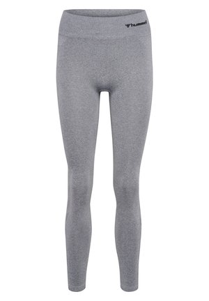 Grijze leggings met een hoge tailleband, gemaakt van rekbare stof. Heeft een zwart logo bij de bovenkant. Glad materiaal en aansluitend ontwerp.