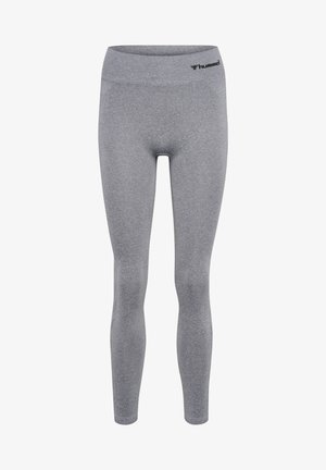 Szare legginsy z wysokim stanem, wykonane z elastycznego materiału. Posiadają czarne logo w górnej części. Gładka faktura i dopasowany krój.