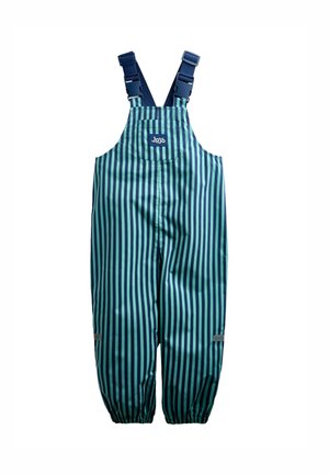 Børne vandtætte overalls med lodrette blå og blågrønne striber, justerbare mørkeblå stropper, forlomme og elastiske ankler.