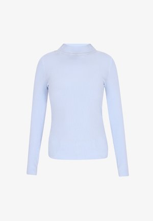 Maglia a maniche lunghe a coste di colore azzurro chiaro con design del colletto alto. Realizzata in un tessuto morbido, presenta una silhouette aderente e una superficie testurizzata.