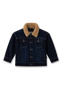 Denim jacket with a dark blue finish, shearling collar, front button closure, and two chest pockets with flap. Features visible stitching details.