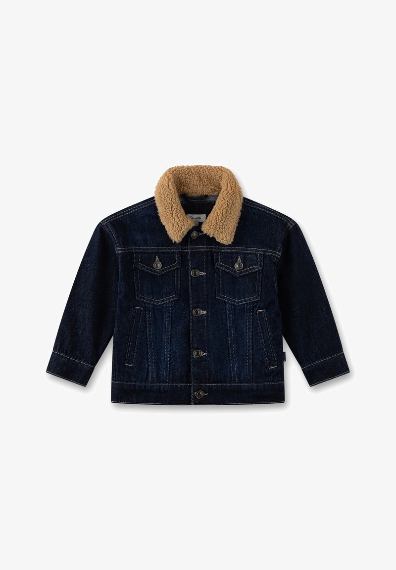 Denim jacket with a dark blue finish, shearling collar, front button closure, and two chest pockets with flap. Features visible stitching details.