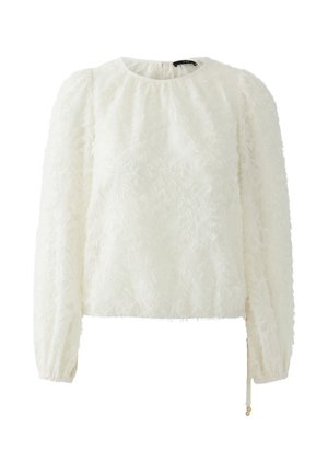 Weißes Bluse mit langen Ärmeln und strukturierter Oberfläche, rundem Ausschnitt und elastischen Bündchen, mit einem dezenten ausgefransten Stoffdesign und einem kleinen Kordelzug-Detail.