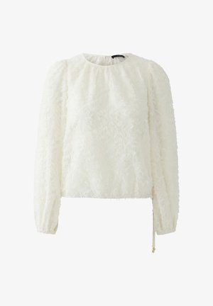 Weißes Bluse mit langen Ärmeln und strukturierter Oberfläche, rundem Ausschnitt und elastischen Bündchen, mit einem dezenten ausgefransten Stoffdesign und einem kleinen Kordelzug-Detail.