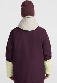 Lila Jacke mit creamfarbener Kapuze und hellgrünen Ärmeln. Verfügt über eine glatte Textur und ein Markenlogo auf dem Rücken. Lässiges, outdoororientiertes Design.