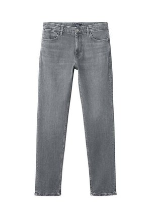 Gray straight-leg denim jeans with button closure and front and back pockets, displayed against a white background.
