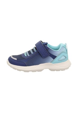 Blaues Sport Schuhwerk aus einer Mischung aus dunklen und hellblauen synthetischen Materialien, mit Netzpanelen, einem Klettverschluss und einer strukturierten weißen Außensohle.