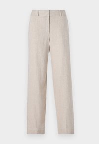 Lys beige linnedragter med lige snit, flad front og sidelommer. Blød tekstur og minimale syninger.