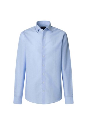 Camicia azzurra a maniche lunghe con chiusura a bottoni, texture morbida, motivo a righe verticali e colletto classico.