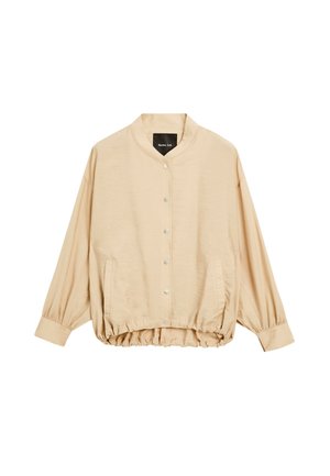 Beige jack met een ronde kraag, knoopsluiting aan de voorkant, elastische tailleband en lange mouwen. Beschikt over zijzakken en een gladde, textuurstof.
