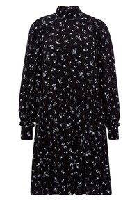 Robe noire à manches longues, col montant et ourlet en niveaux. Présente un motif floral en bleu et vert. Fabriquée en tissu léger.