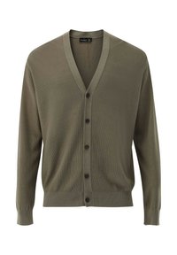 Olivgrüner Cardigan aus strukturiertem Strickstoff, mit V-Ausschnitt, Knopfverschluss und gerippten Bündchen und Saum.