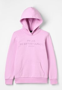 Sudadera con capucha de color rosa claro, con bolsillo frontal y "PEAK PERFORMANCE ORIGINAL" bordado en el pecho.