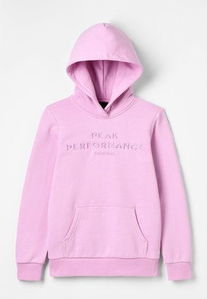 Jasnoróżowa bluza z kapturem, z kieszenią na przodzie i haftem "PEAK PERFORMANCE ORIGINAL" na piersi.