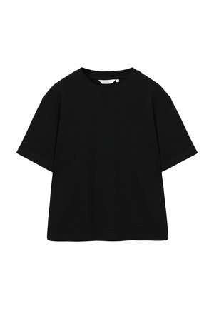 Schwarzes, übergroßes T-Shirt mit kurzen Ärmeln und Rundhalsausschnitt, gerader Saum, auf weißem Hintergrund dargestellt.