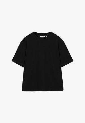 Schwarzes, übergroßes T-Shirt mit kurzen Ärmeln und Rundhalsausschnitt, gerader Saum, auf weißem Hintergrund dargestellt.