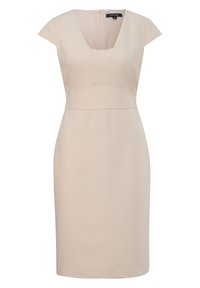 Beiges enganliegendes Kleid mit tiefem V-Ausschnitt, kurzen Cap-Ärmeln und Nähdetails an der Taille. Reißverschluss auf der Rückseite. Glatte Stofftextur.
