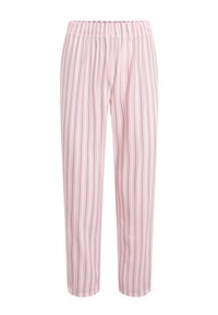 Lichte, roze pyjamabroek met verticale strepen in blauw en wit. Beschikt over een elastische tailleband en taps toelopende benen. Zachte stoftextuur.