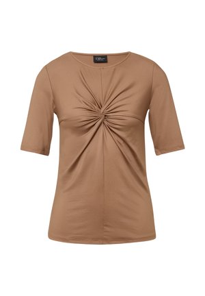 Brązowa koszula z krótkim rękawem, okrągłym dekoltem i detalem z skręconym supełkiem na środku przodu.