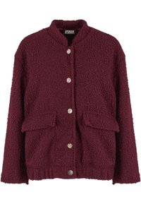 Bordó krūšu stila jaka ar stāvošu apkakli, sudraba spiedpogām un divām priekšējām kabatām. Mīksta, teksturēta auduma jaka ar elastīgu jostasvietu.