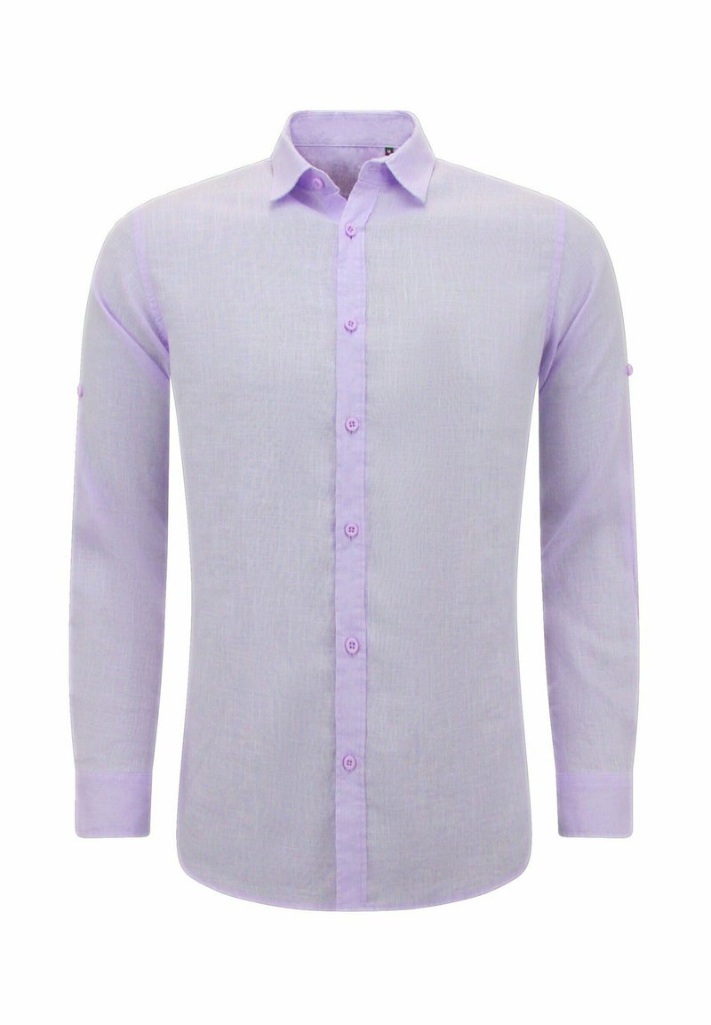 Lichtpaarse lange mouwen shirt gemaakt van een gestructureerde stof. Heeft een knoopsluiting aan de voorkant en een ronde kraag, met opgerolde mouwen en bijpassende knopen.