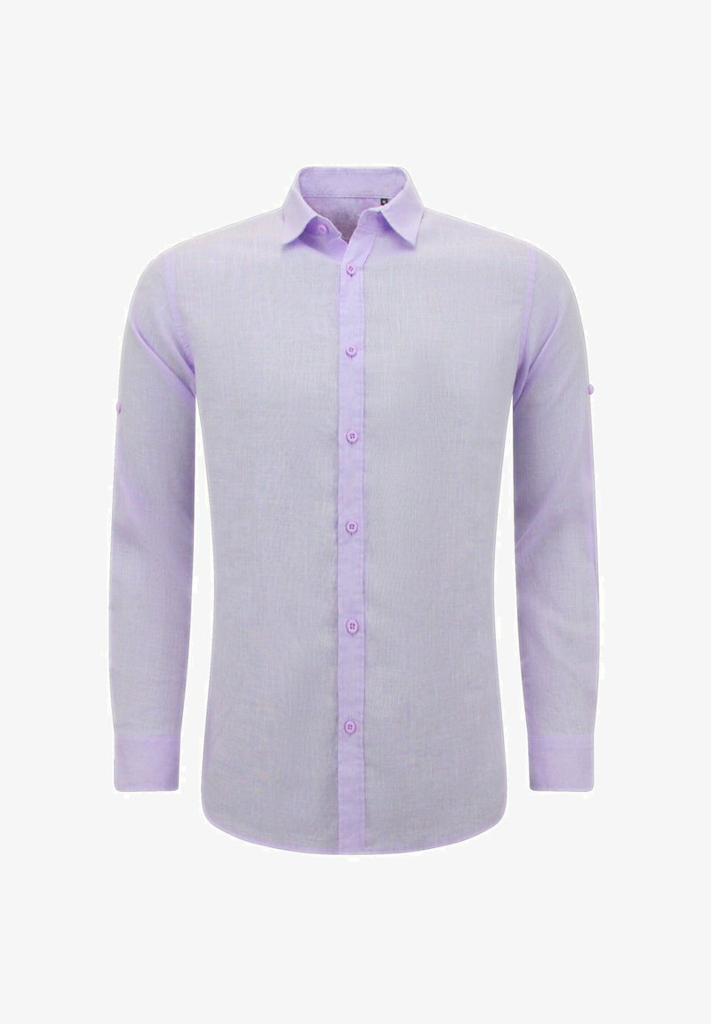 Lichtpaarse lange mouwen shirt gemaakt van een gestructureerde stof. Heeft een knoopsluiting aan de voorkant en een ronde kraag, met opgerolde mouwen en bijpassende knopen.