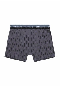 Boxers grises con el logo y patrón de ellesse en negro y púrpura. Cuentan con una cinturilla elástica negra con branding en blanco y una textura de tela suave.