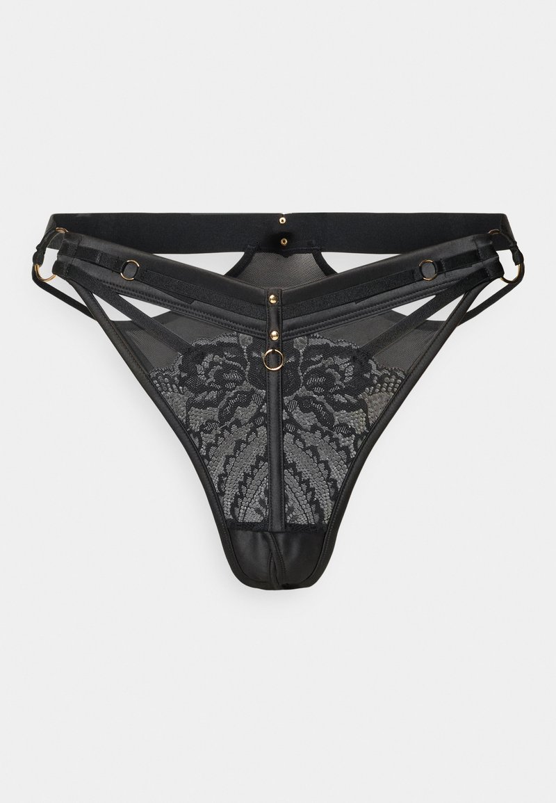 Μαύρο λανζέλο στρινγκ με περίπλοκα λουλουδένια σχέδια, τμήματα από δίχτυ, και ρυθμιζόμενους ιμάντες με χρυσές μεταλλικές λεπτομέρειες.