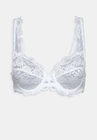 Witte kanten bh met een bloemenpatroon, golvende randen en verstelbare bandjes. Het strikdetail in het midden voegt een delicate accent toe.