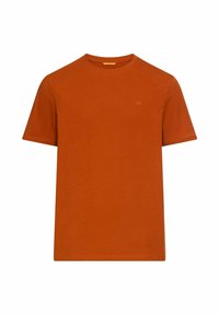 Solid brændt orange kortærmet T-shirt med rund hals og et lille broderet logo på venstre bryst.