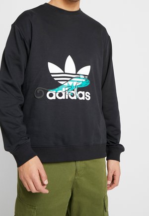 Osoba ubrana w czarną bluzę Adidas z białym logo trefoil i niebieską grafiką kameleona na tle napisu, w zielonych oliwkowych spodniach.
