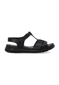 Zwarte sandalen met een T-band ontwerp, geperforeerde accenten, verstelbare enkelband en een gestructureerde rubberen zool voor grip en comfort.