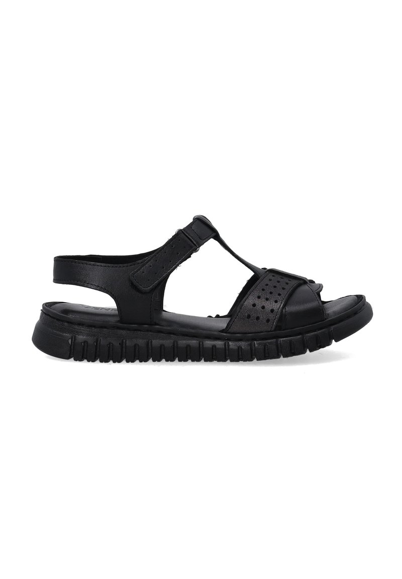 Zwarte sandalen met een T-band ontwerp, geperforeerde accenten, verstelbare enkelband en een gestructureerde rubberen zool voor grip en comfort.