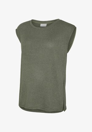 Olivgrön kortärmad topp med rund halsringning, tillverkad av strukturerad tyg, med sidoklyftor för extra designdetalj.