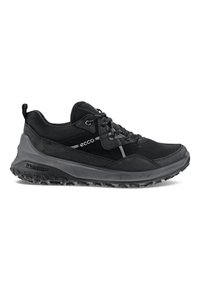 Black hiking shoe featuring a combination of suede and mesh upper, textured rubber outsole, padded collar, and lace-up closure for a secure fit.