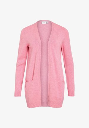 Rožinė ilga rankovė kardiganas, pagamintas iš minkštos megztos medžiagos, turi atvirą priekinę dalį, dvi priekinės kišenes ir rašto pabaigą bei rankogalius.