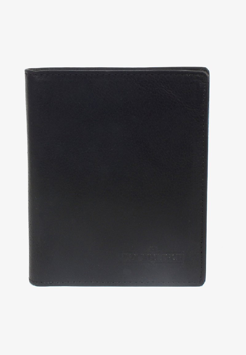 Black leather wallet with a textured surface, bi-fold design, and embossed branding on the lower front, showcasing simple lines and elegance.