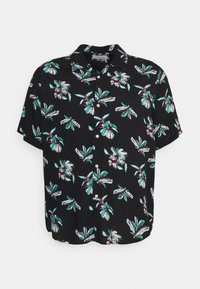 Short-sleeve black shirt featuring a floral pattern with white and green tropical flowers, button closure, and a relaxed fit.